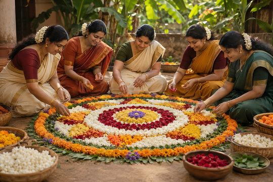 Happy onam women arranging colorful pookalam flowers together in courtyard celebrate south indian festival in kerala wearing elegant traditional sarees and jasmine