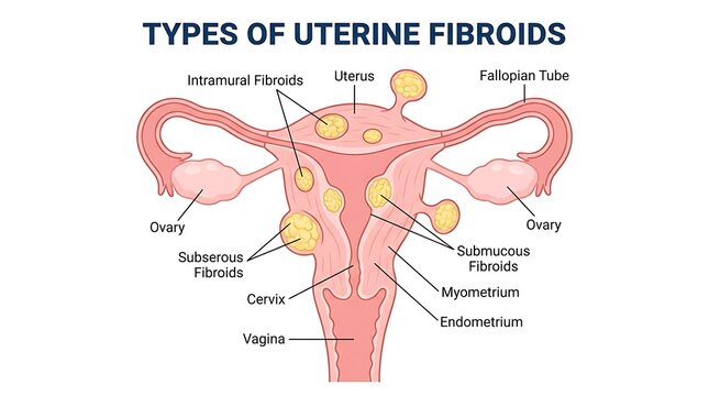 Medical illustration of uterine fibroids showing different types and locations