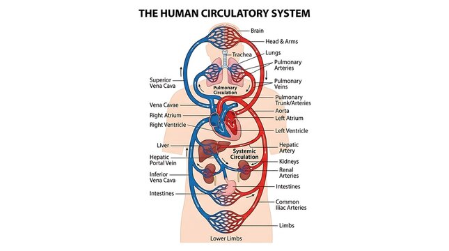 Detailed medical illustration of human circulatory system and blood circulation