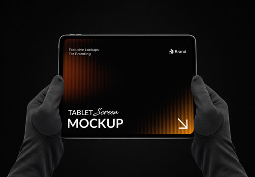 Tablet Screen Mockup Close Up Hands Holding Device on Dark Background