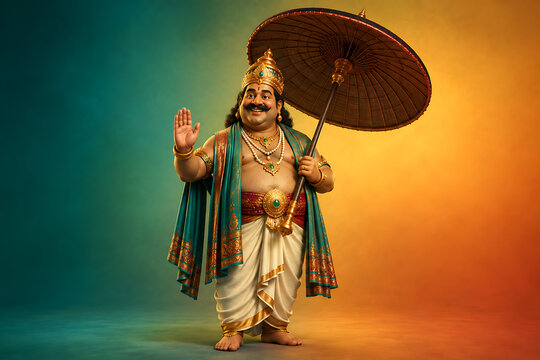 Happy onam smiling king mahabali holding ceremonial parasol celebrates south indian festival in kerala wearing traditional dhoti jewelry and regal crown gracefully