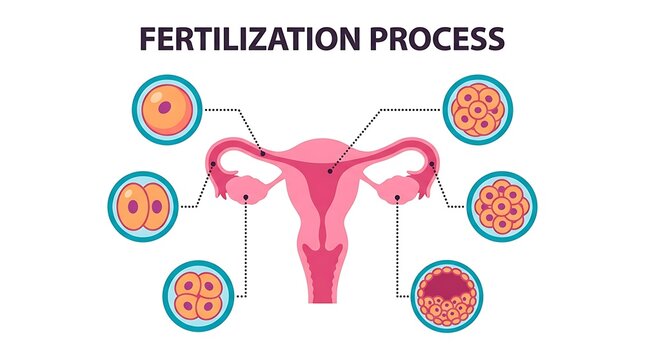 Medical diagram of female human fertilization process in fallopian tube