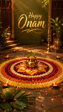 Traditional happy onam pookalam with brass kalash coconut leaves glowing lamps and vibrant south indian festival in kerala courtyard floral decoration celebration