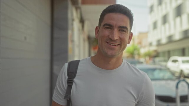 Man smiling showing face on a city street, wearing t shirt and backpack strap; confidence approachability.