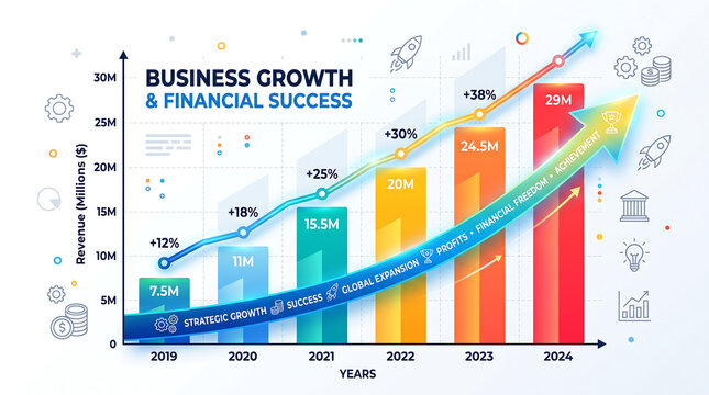 Business charts with colorful gradient bar graph and growing arrow showing success