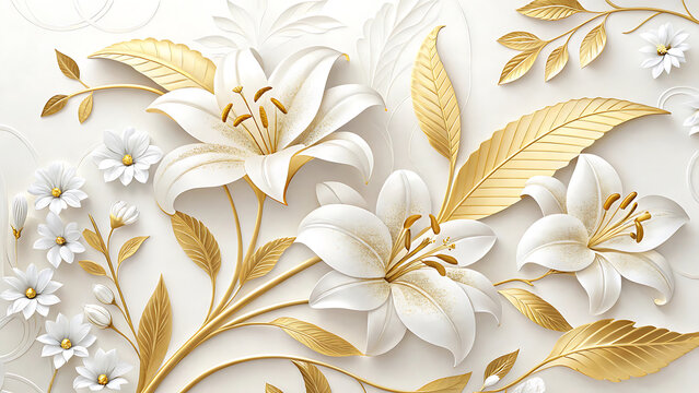 Decorative white lilies and gold leaves 3D textured mural