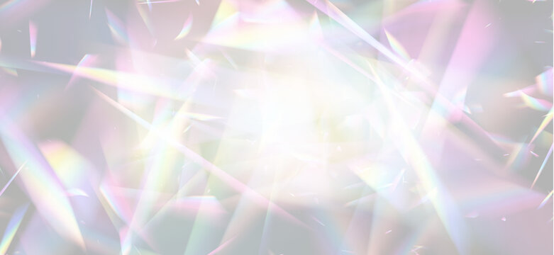 Multicolored prism light refractions creating layered translucent shapes with a bright glowing center on transparent background