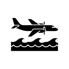 Obraz premium Black silhouette of a propeller airplane flying over stylized ocean waves, representing air travel, tourism, and flight, isolated on white