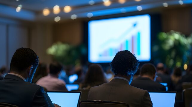 Business conference presentation with audience, professional seminar with data chart on screen, corporate meeting event