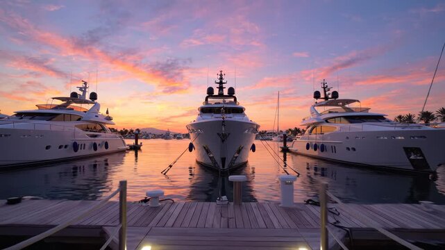 Luxury Yachts Docked at Marina During Vibrant Sunset, Wooden Walkway Leading to Superyachts