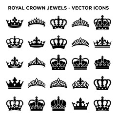 Collection of royal crown jewels and tiara black silhouettes of various crowns on a white background, for heraldry © sabrina1122