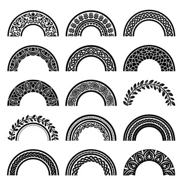 Fifteen ornamental semi-circle arch in black and white featuring intricate floral, celtic, and geometric patterns for decoration