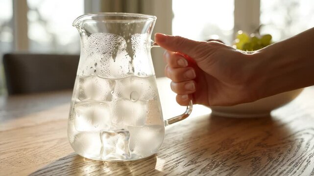 Hand reaches for a glass pitcher filled with ice water on a sunlit wooden table beside a bowl of fresh fruit
