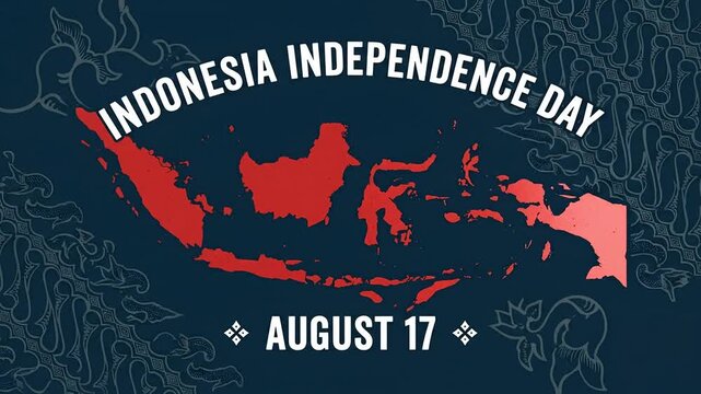 Indonesia Independence Day animation with red national map and batik background on August 17.