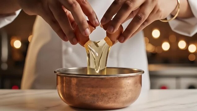 Chef hands cracking egg into copper mixing bowl.