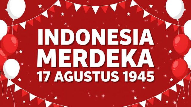 Indonesia Independence Day celebration background with red and white balloons and festive bunting flags.