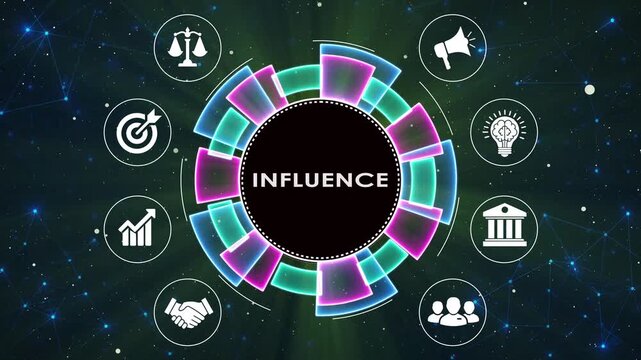 Influence word on circle with icons about business principles background concept.