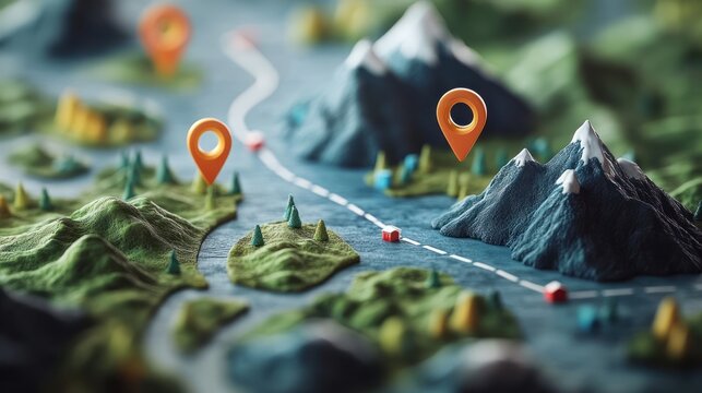 A 3D map with mountains, water, trees, and orange pin markers showing routes and destinations.