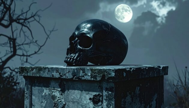 Human skull on stone altar under full moon.