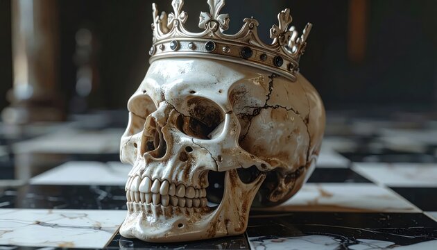 Human skull wearing crown on checkered floor.