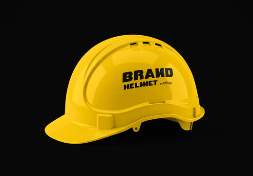 Yellow Construction Safety Hard Hat Helmet Mockup on Dark Background, Side View