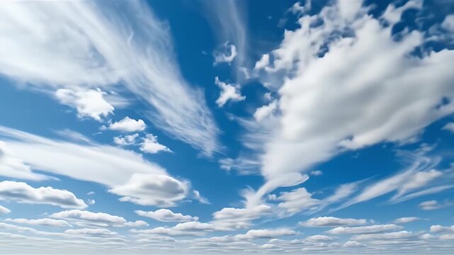 White cumulus and cirrus clouds drifting across bright blue daytime