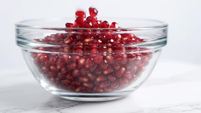 Pomegranate seeds being poured into a clear glass bowl on marble countertop, slow motion close-up