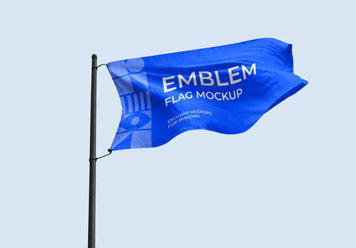 Blue Emblem Flag Mockup Waving on Metal Pole