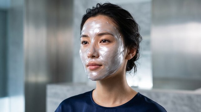 Metallic silver face mask on young Asian woman, futuristic skincare treatment in modern spa, glowing chrome facial cream for beauty and wellness