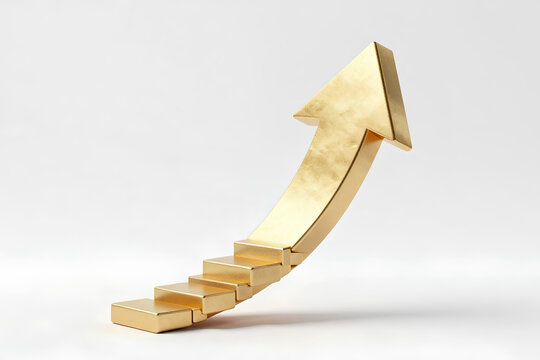 R - Gold arrow growth up minimal concept isolated on white background
