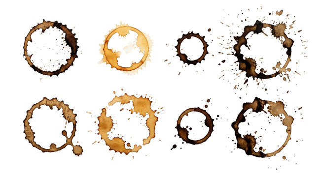 Collection of coffee cup stains and rings on white background.