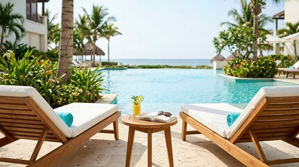 Fototapeta premium Two lounge chairs by a swimming pool at a tropical resort. Wooden table with cocktail, book, and sunglasses. All inclusive summer vacation travel concept