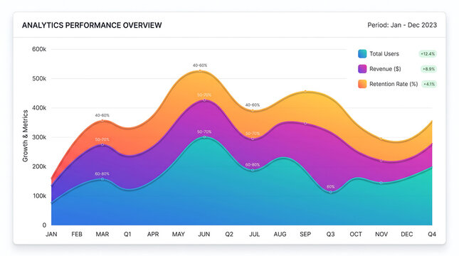 Modern area chart with gradient visualizing business performance metrics and statistical data trends