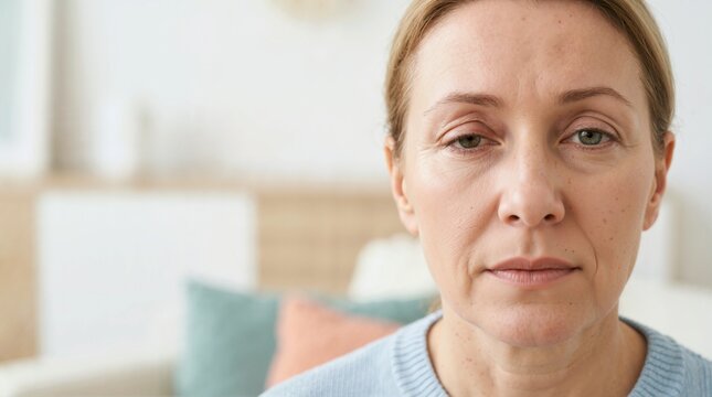 Close up portrait of a woman with eyelid ptosis. Middle aged female face showing a drooping upper eyelid after blepharoplasty surgery. Medical complication concept