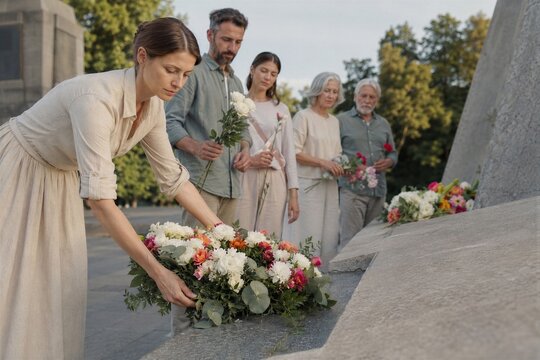 Woman placing floral wreath on stone monument at cemetery. Mourning family paying respect to deceased. Funeral tribute and remembrance ceremony. Multi-generational group in park.