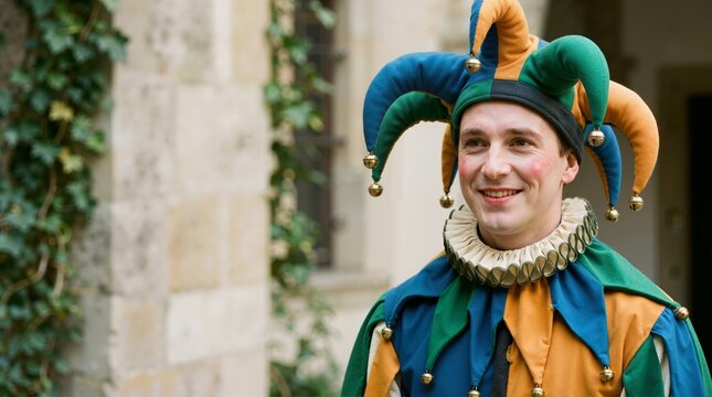 Smiling man wearing a colorful jester costume with a bell hat. Traditional medieval fool character with ruffled collar. Renaissance festival entertainer portrait