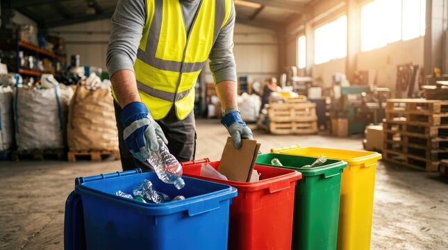 Industrial worker sorting recycling materials into colored bins in warehouse