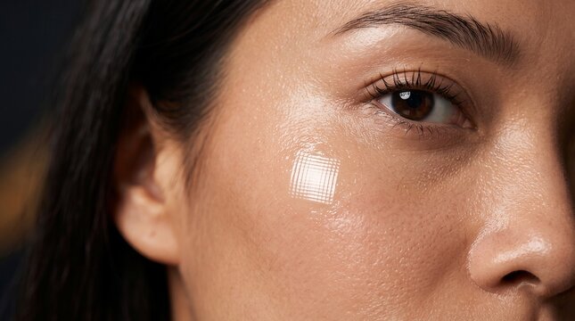 Natural skin texture close up of woman with clear hydrocolloid acne patch on cheek, facial blemish treatment for pimples, skincare and beauty routine