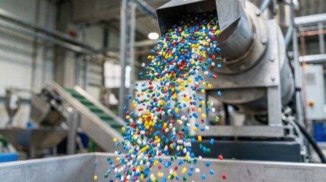 Industrial plastic resin pellets pouring from manufacturing machine in factory