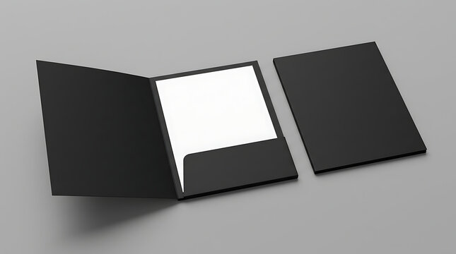 Black professional presentation folder mockup with white paper insert on grey background