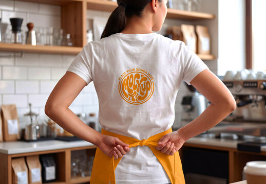 Back View White T-Shirt Mockup, Woman Wearing Apron in Coffee Shop