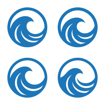 Four circular blue ocean wave logo symbols.