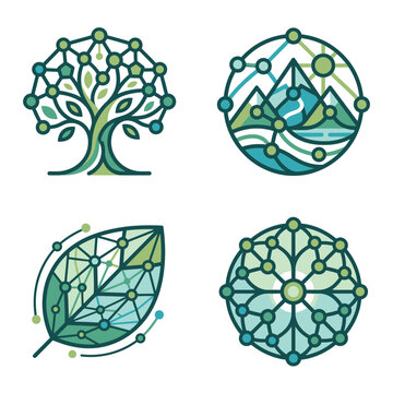 Teal nature network and geometric mandala logo set.