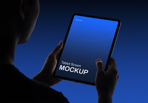 Tablet Screen Mockup Person Holding Tablet in Hand on Dark Background