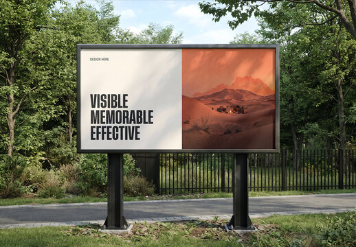 Large Billboard Mockup Standing on Street Road in Natural Park