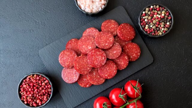 Slices of smoked pepperoni or salami for making homemade pizza. Sliced pepperoni as a food background for your design