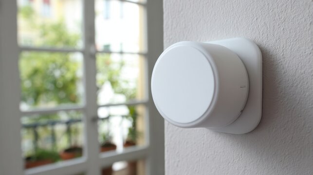 Compact white disc-shaped proximity sensor mounted on a wall, showing a subtle background of natural light through a window