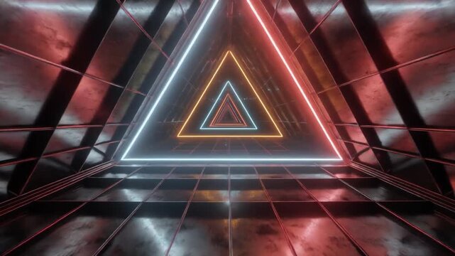 Futuristic metallic tunnel with concentric neon triangles in red, orange, and white, symbolizing technology, infinity, and geometric illumination depth.