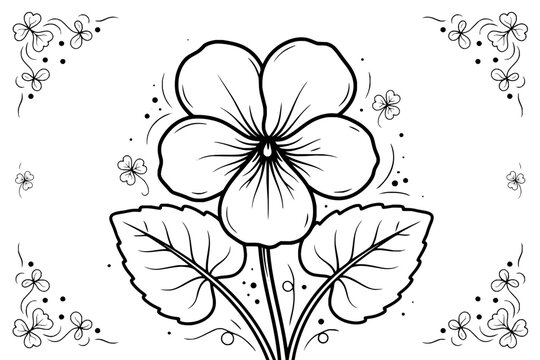 Floral line art illustration featuring a large central flower with leaves and clover border