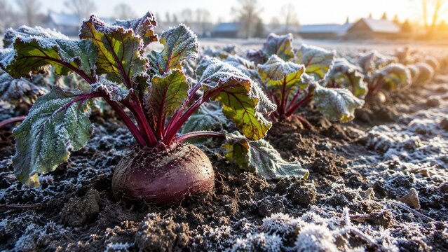 Fresh beetroot growing in frosty field at sunrise showcasing cold weather agriculture and autumn harvest